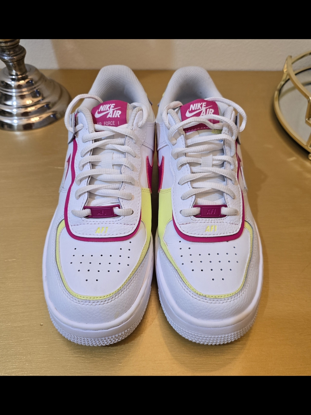 Nike Air Force 1 White with Pink and Neon Yellow Accents
